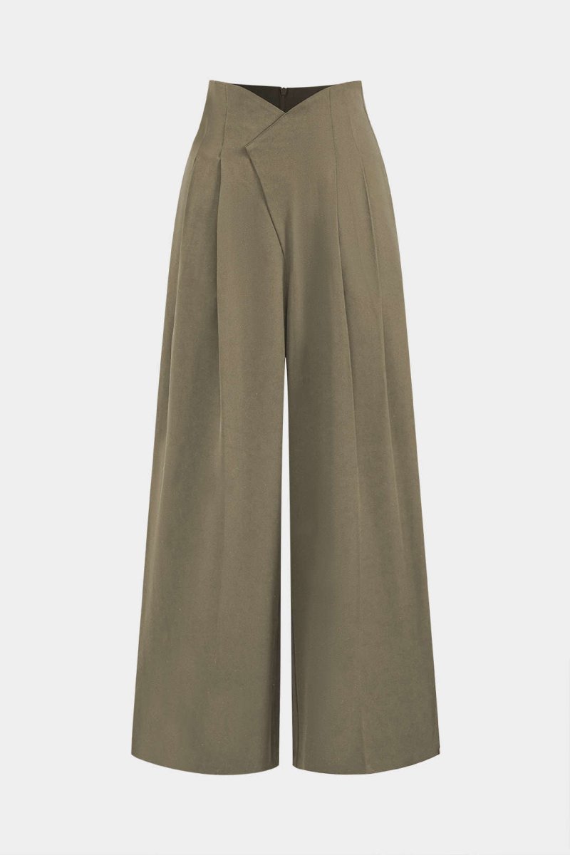 Pleated Asymmetrical Wide Leg Trousers - MISMIMCWBT2412140020-OLIVE-XS