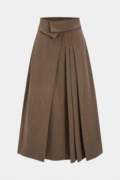 Pleated High Waist Asymmetrical Skirt - MISMIMCWBK2507100158-LIGHT BROWN-XS
