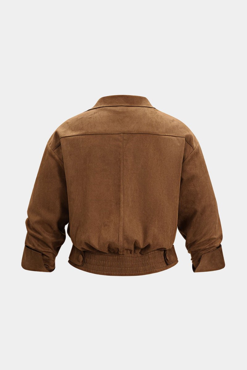 Plus Size Button V - Neck Long - Sleeve Top - MISMIMCWTE2509200042-BROWN-0XL