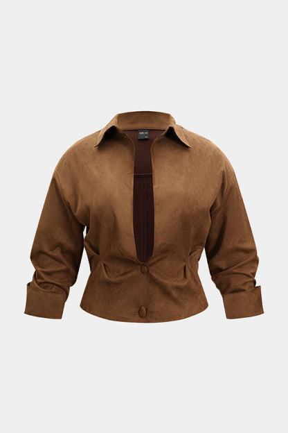 Plus Size Button V - Neck Long - Sleeve Top - MISMIMCWTE2509200042-BROWN-0XL