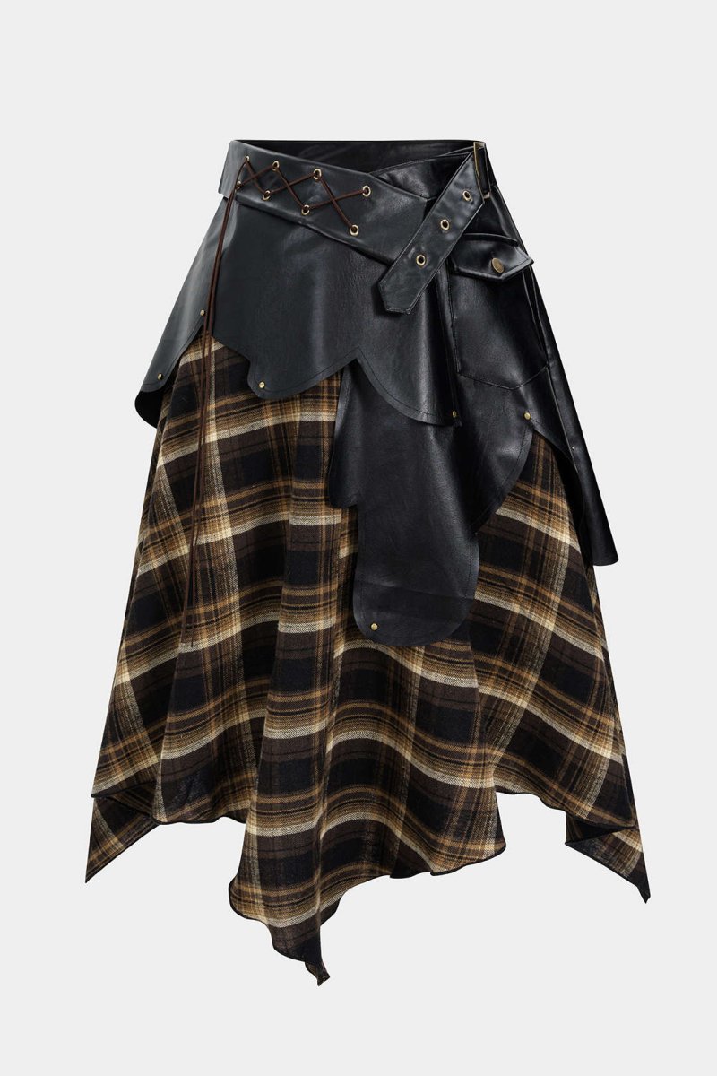 Plus Size Color Block Plaid Print Faux Leather Patchwork Tie - Up Asymmetrical Pocket Skirt - MISMIMCWBK2509200076-BLACK-0XL