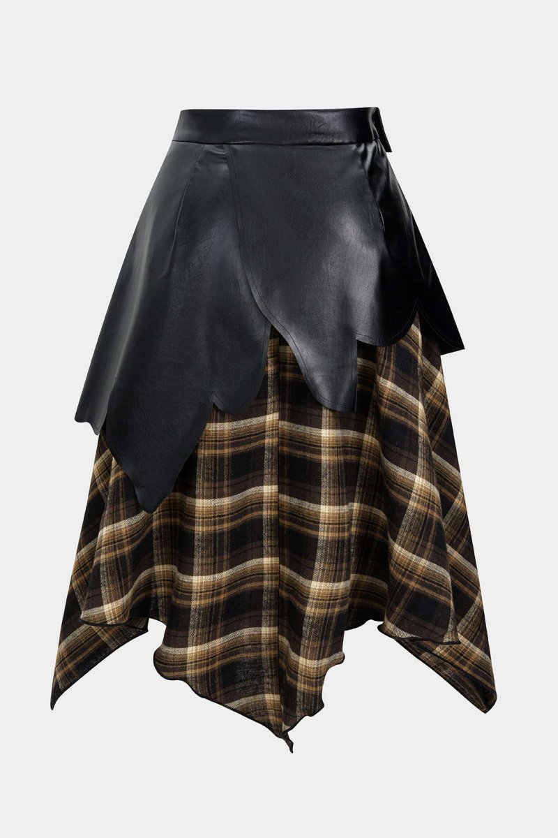 Plus Size Color Block Plaid Print Faux Leather Patchwork Tie - Up Asymmetrical Pocket Skirt - MISMIMCWBK2509200076-BLACK-0XL
