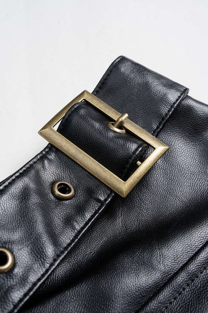 Plus Size Color Block Plaid Print Faux Leather Patchwork Tie - Up Asymmetrical Pocket Skirt - MISMIMCWBK2509200076-BLACK-0XL