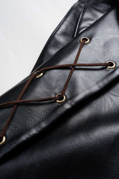 Plus Size Color Block Plaid Print Faux Leather Patchwork Tie - Up Asymmetrical Pocket Skirt - MISMIMCWBK2509200076-BLACK-0XL