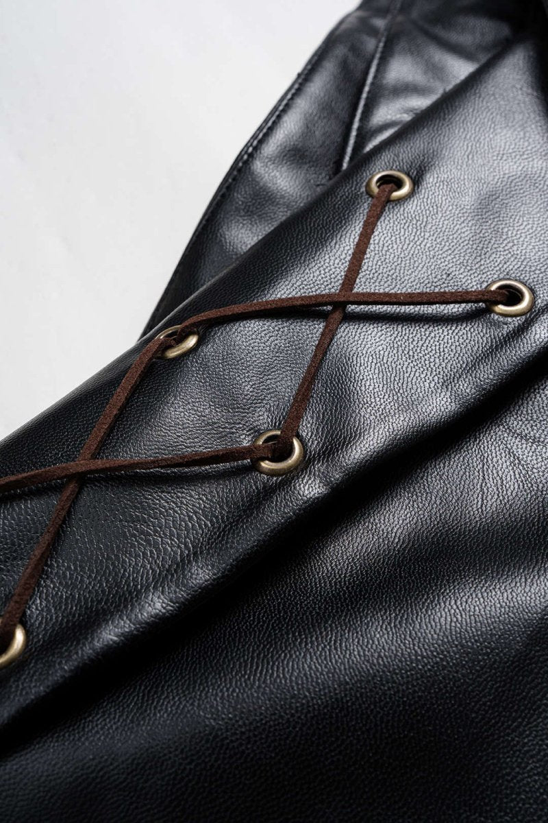 Plus Size Color Block Plaid Print Faux Leather Patchwork Tie - Up Asymmetrical Pocket Skirt - MISMIMCWBK2509200076-BLACK-0XL