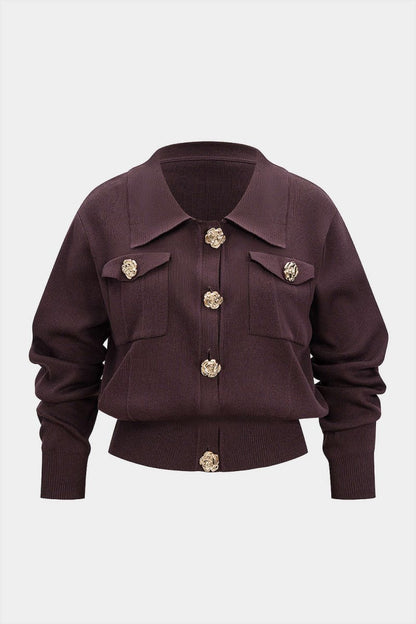 Plus Size Knit Metallic Button Cardigan - MISMIMCWKX2509230029-MAROON-0XL