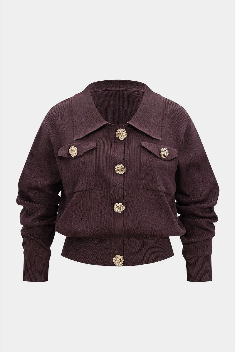 Plus Size Knit Metallic Button Cardigan - MISMIMCWKX2509230029-MAROON-0XL