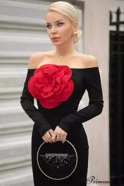 Red Floral Bandage Off Shoulder Long Sleeve Party Dress