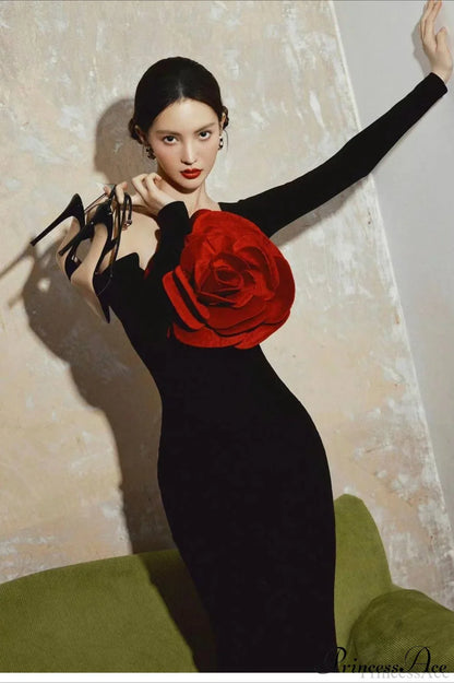 Red Floral Bandage Off Shoulder Long Sleeve Party Dress