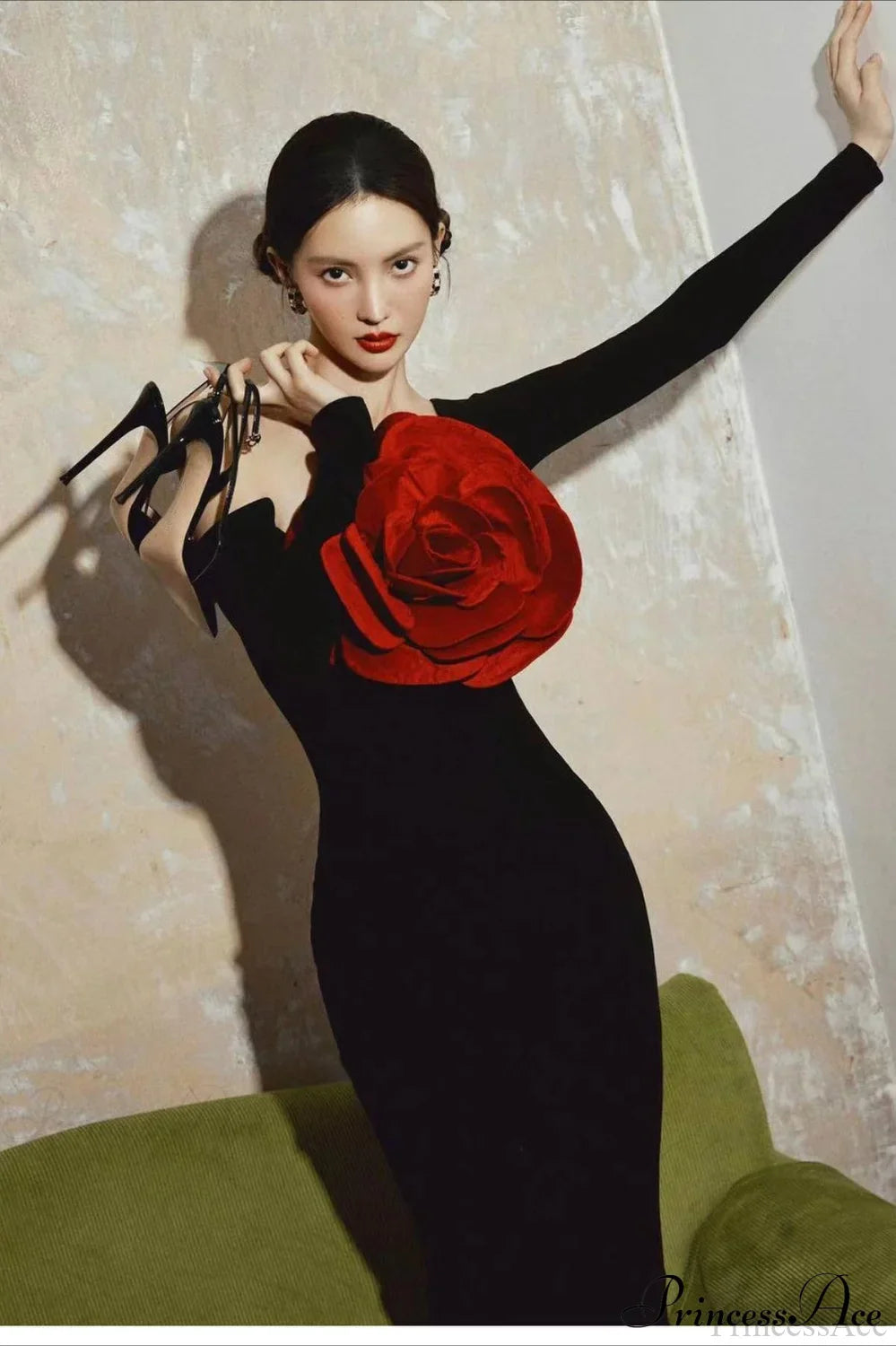 Red Floral Bandage Off Shoulder Long Sleeve Party Dress