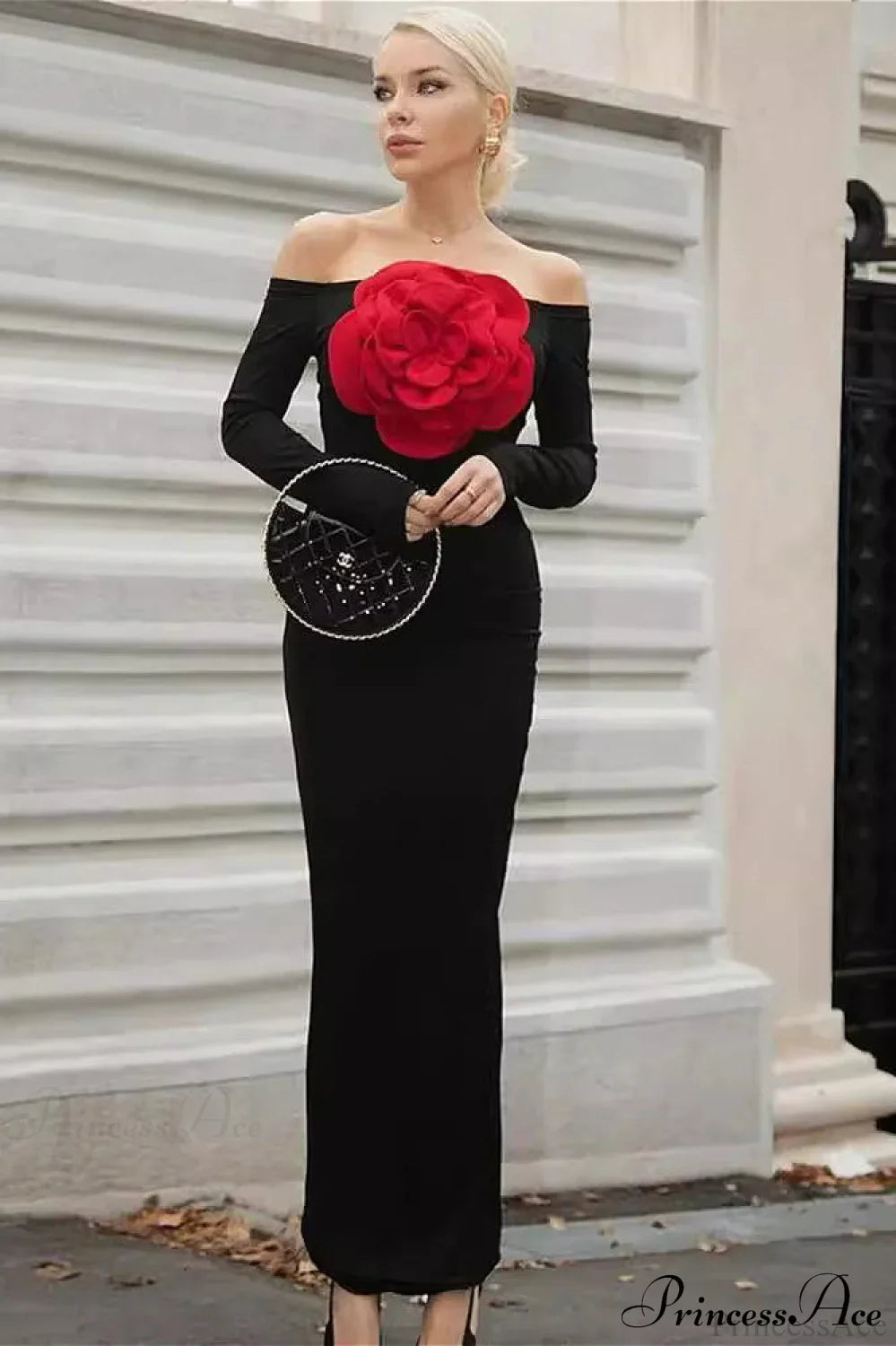 Red Floral Bandage Off Shoulder Long Sleeve Party Dress