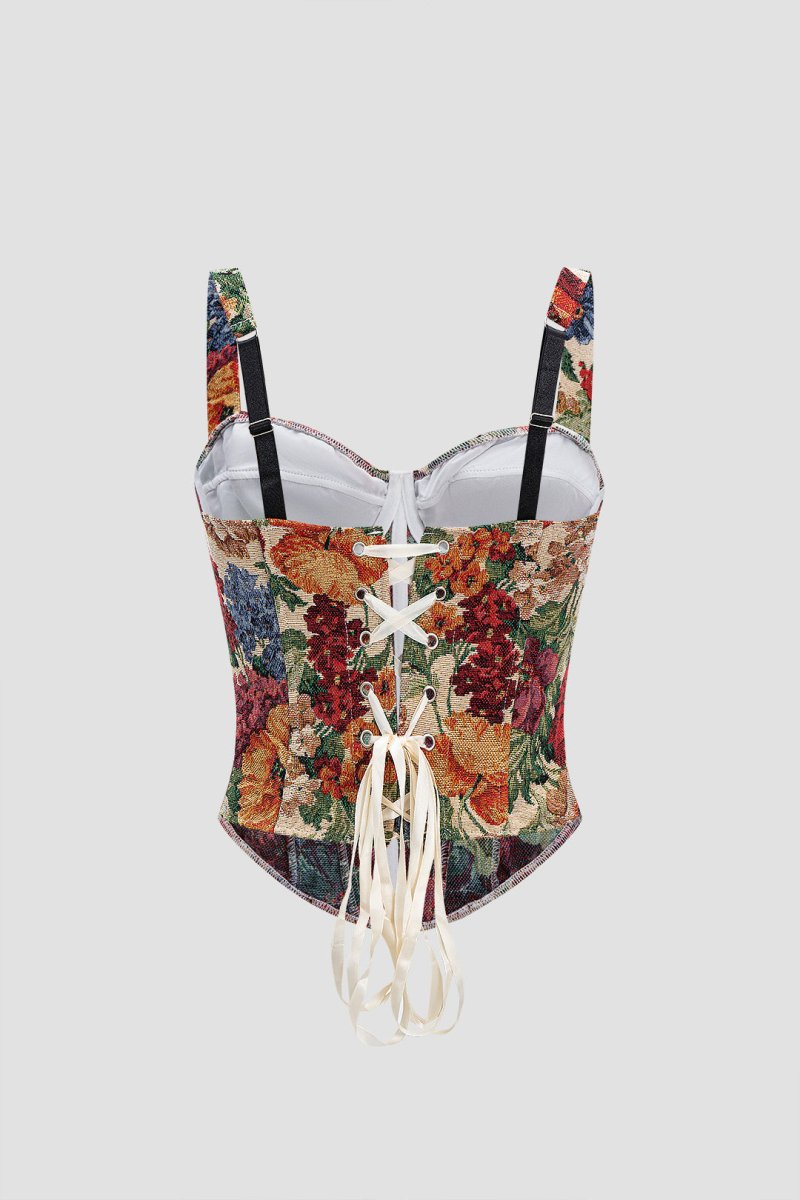 Retro Floral Print Corset Tie - Back Slip Cami Top - MISMIMCWTO2507250032-MULTICOLOR-XS