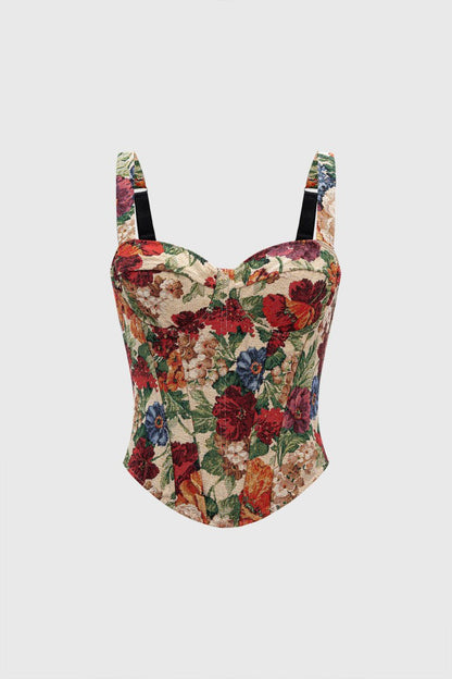 Retro Floral Print Corset Tie - Back Slip Cami Top - MISMIMCWTO2507250032-MULTICOLOR-XS