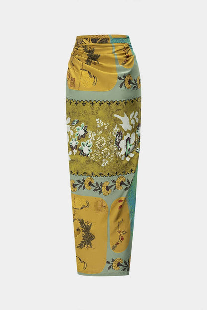 Retro Print Satin Tie Front Skirt - MISMIMCWBK2505080220-CYAN-XS