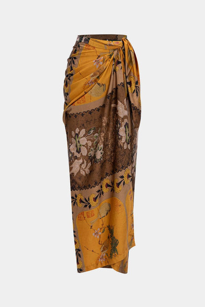 Retro Print Satin Tie Front Skirt - MISMIMCWBK2505080220-Contrast Color-XS