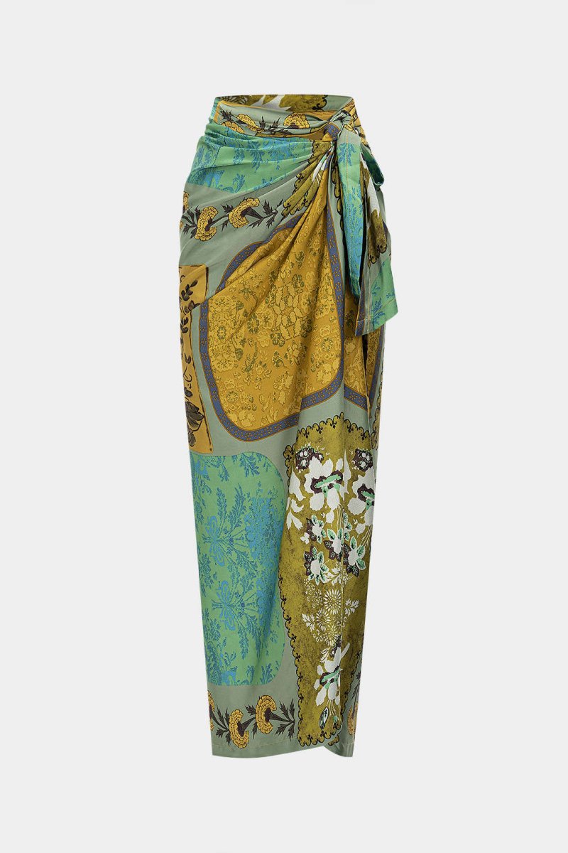 Retro Print Satin Tie Front Skirt - MISMIMCWBK2505080220-CYAN-XS