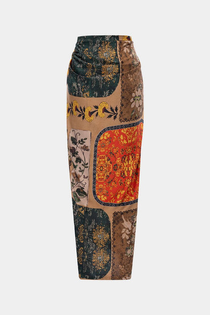 Retro Print Satin Tie Front Skirt - MISMIMCWBK2505080220-Contrast Color-XS