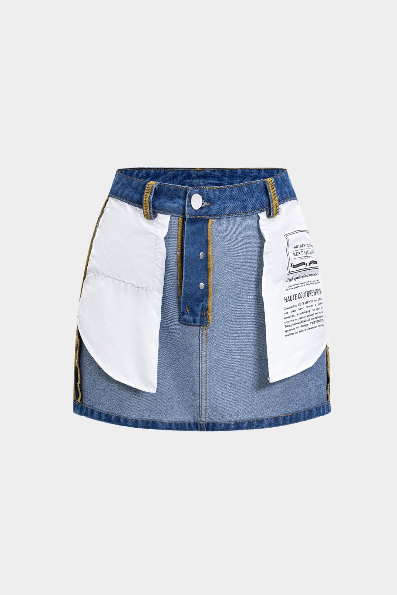 Reversible Letter Print Pocket Denim Mini Skirt - MISMIMCWNN2503060025-BLUE-XS