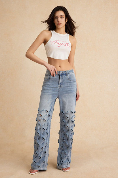 Ripped Cut Out Button Pocket Wide Leg Jeans - MISMIMCWNJ2501020025-BLUE-S