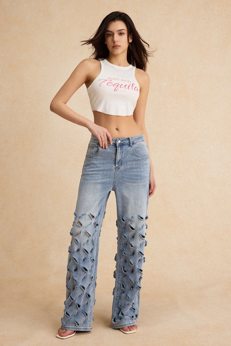 Ripped Cut Out Button Pocket Wide Leg Jeans - MISMIMCWNJ2501020025-BLUE-S