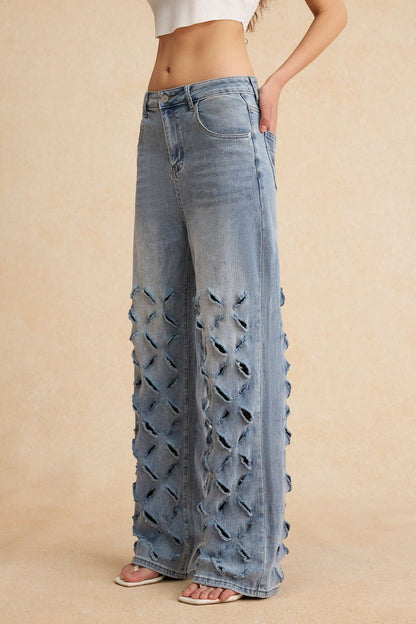 Ripped Cut Out Button Pocket Wide Leg Jeans - MISMIMCWNJ2501020025-BLUE-S