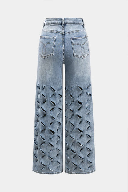 Ripped Cut Out Button Pocket Wide Leg Jeans - MISMIMCWNJ2501020025-BLUE-S