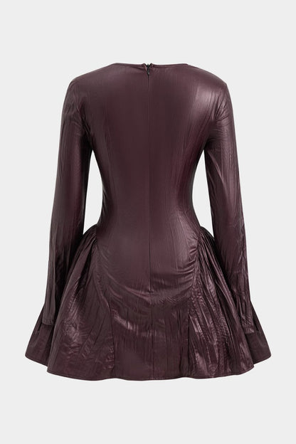 Ruched Asymmetrical Long Sleeve Mini Dress - MISMIMCWDC2410220077-BURGUNDY-XS