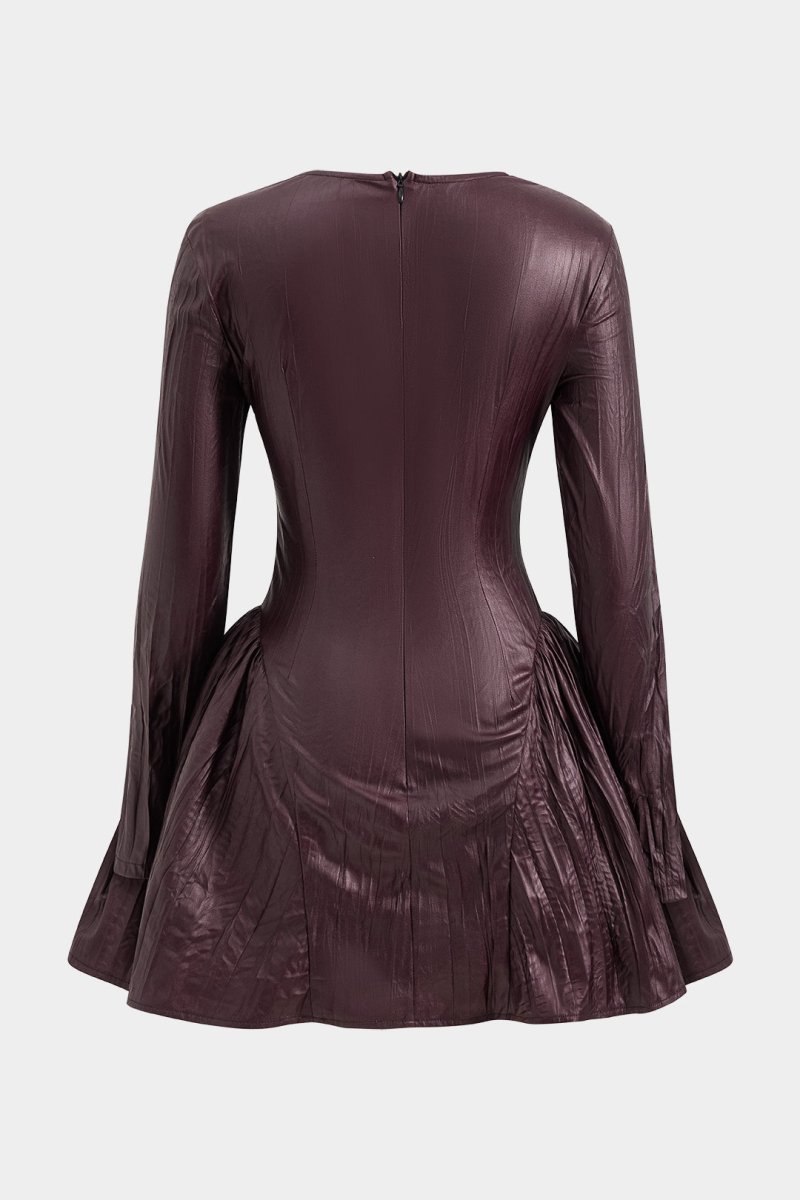 Ruched Asymmetrical Long Sleeve Mini Dress - MISMIMCWDC2410220077-BURGUNDY-XS