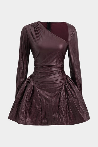Ruched Asymmetrical Long Sleeve Mini Dress - MISMIMCWDC2410220077-BURGUNDY-XS