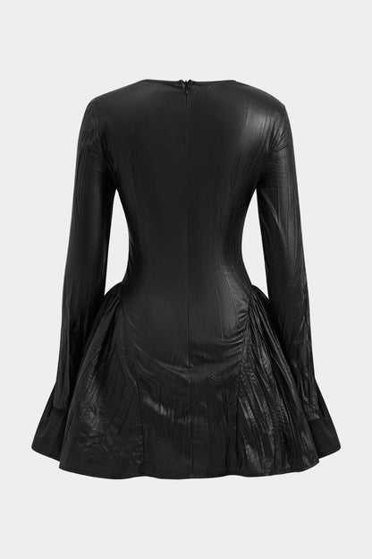 Ruched Asymmetrical Long Sleeve Mini Dress - MISMIMCWDC2410220077-BLACK-XS