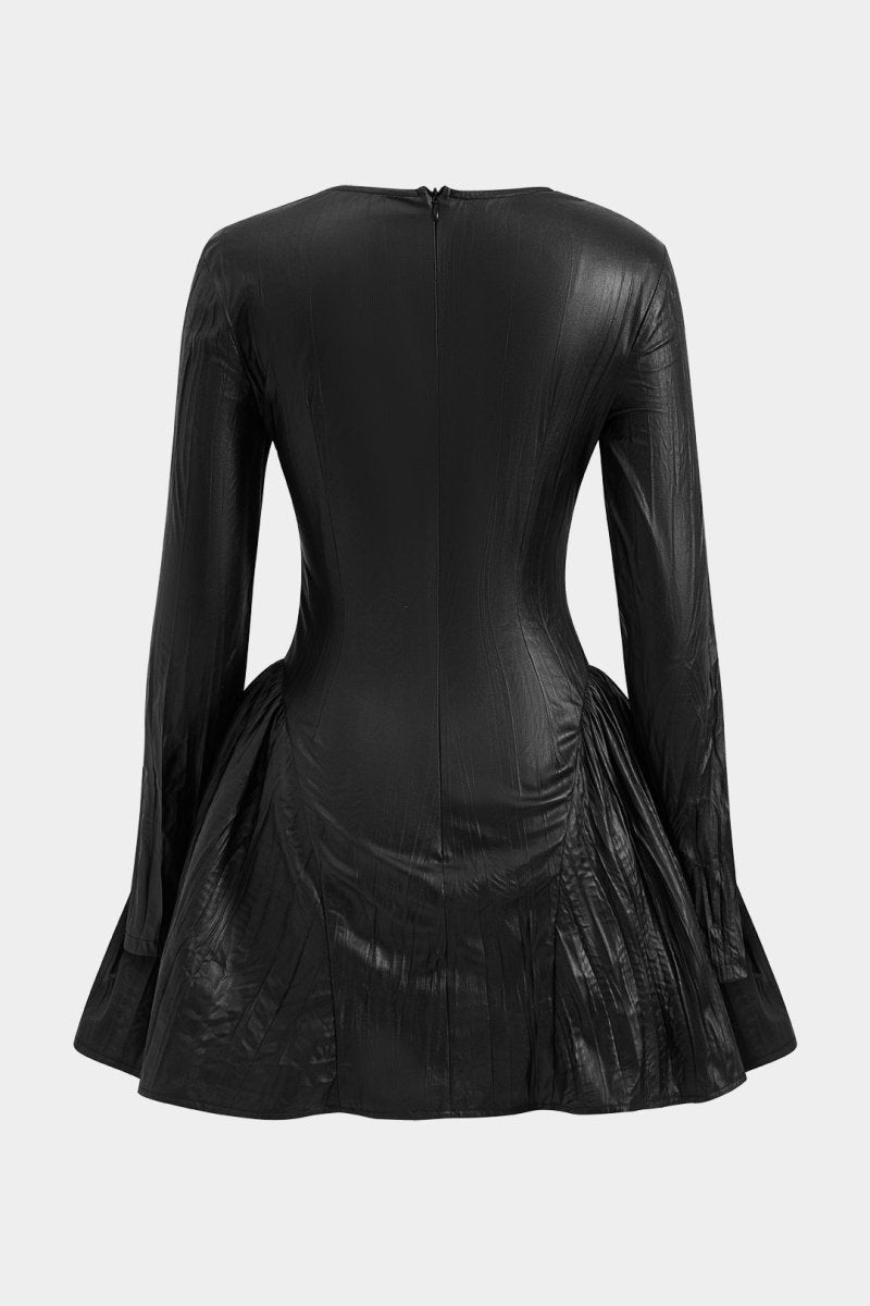Ruched Asymmetrical Long Sleeve Mini Dress - MISMIMCWDC2410220077-BLACK-XS