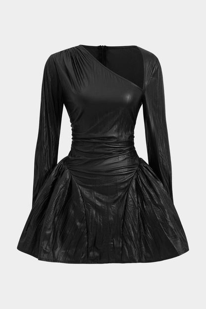 Ruched Asymmetrical Long Sleeve Mini Dress - MISMIMCWDC2410220077-BLACK-XS
