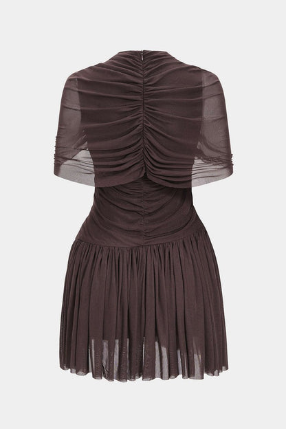 Ruched Asymmetrical Short Sleeve Mini Dress - MISMIMCWDC2509080019-COFFEE-XS