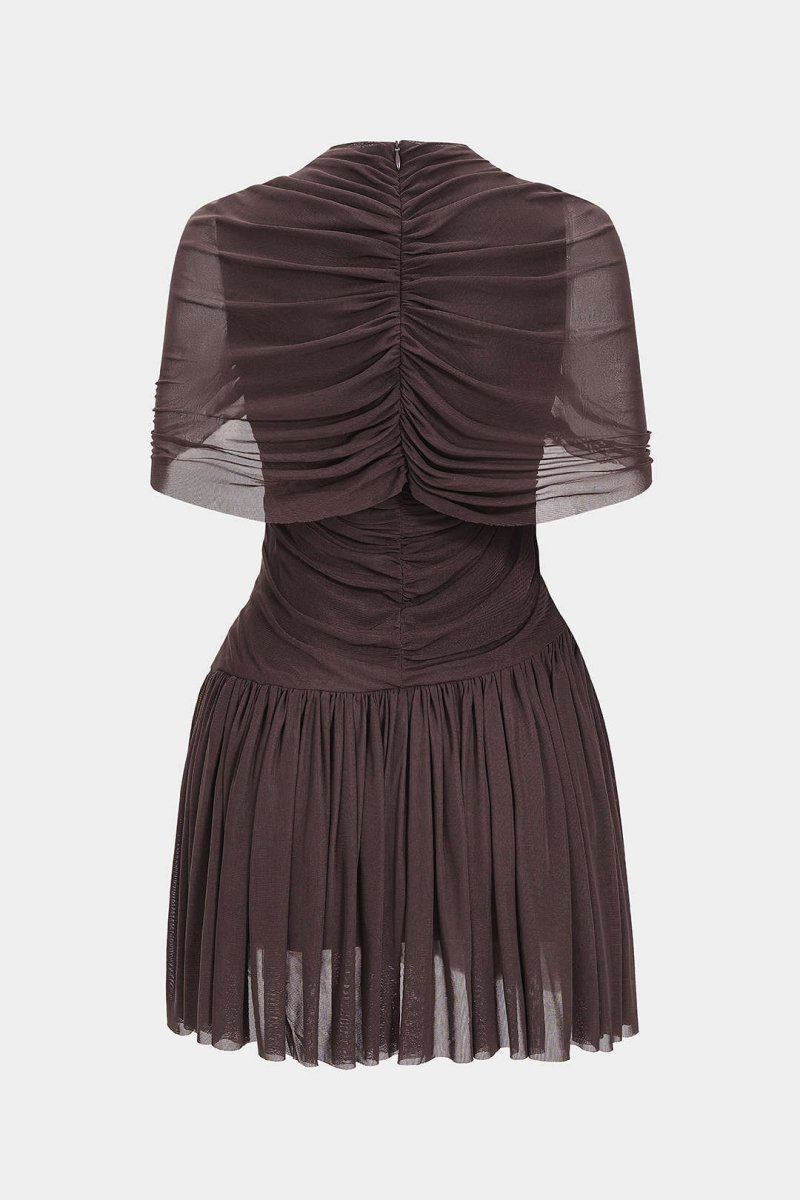 Ruched Asymmetrical Short Sleeve Mini Dress - MISMIMCWDC2509080019-COFFEE-XS