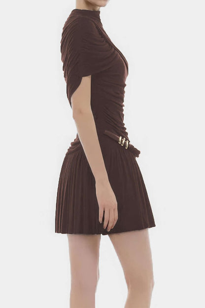 Ruched Asymmetrical Short Sleeve Mini Dress - MISMIMCWDC2509080019-COFFEE-XS