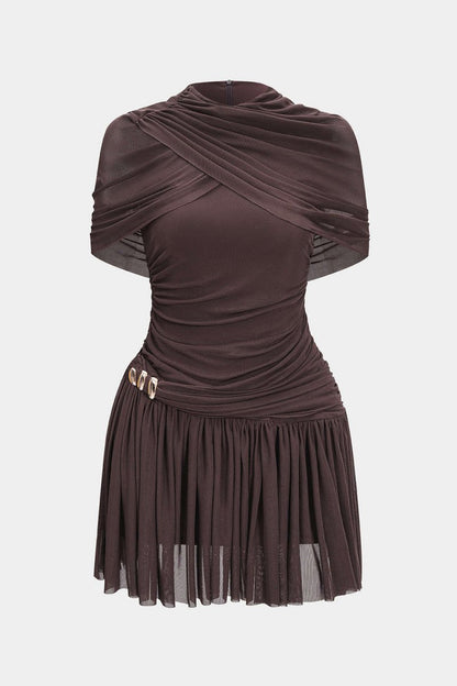 Ruched Asymmetrical Short Sleeve Mini Dress - MISMIMCWDC2509080019-COFFEE-XS