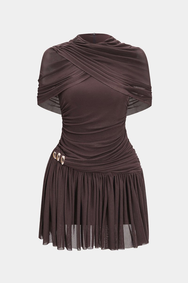 Ruched Asymmetrical Short Sleeve Mini Dress - MISMIMCWDC2509080019-COFFEE-XS