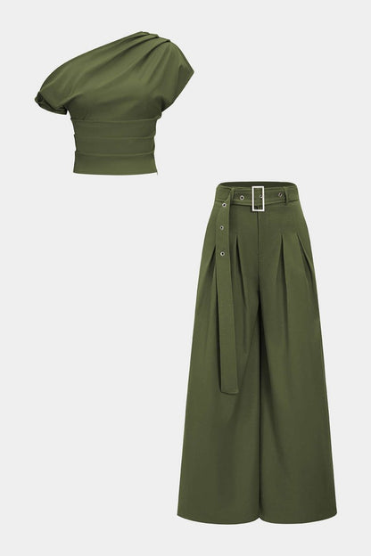 Ruched Asymmetrical Top And Belted Wide Leg Trousers Set - MISMIMCWSC2506060082-MILITARY-XS