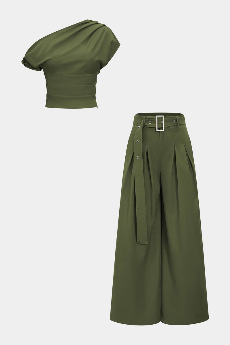 Ruched Asymmetrical Top And Belted Wide Leg Trousers Set - MISMIMCWSC2506060082-MILITARY-XS