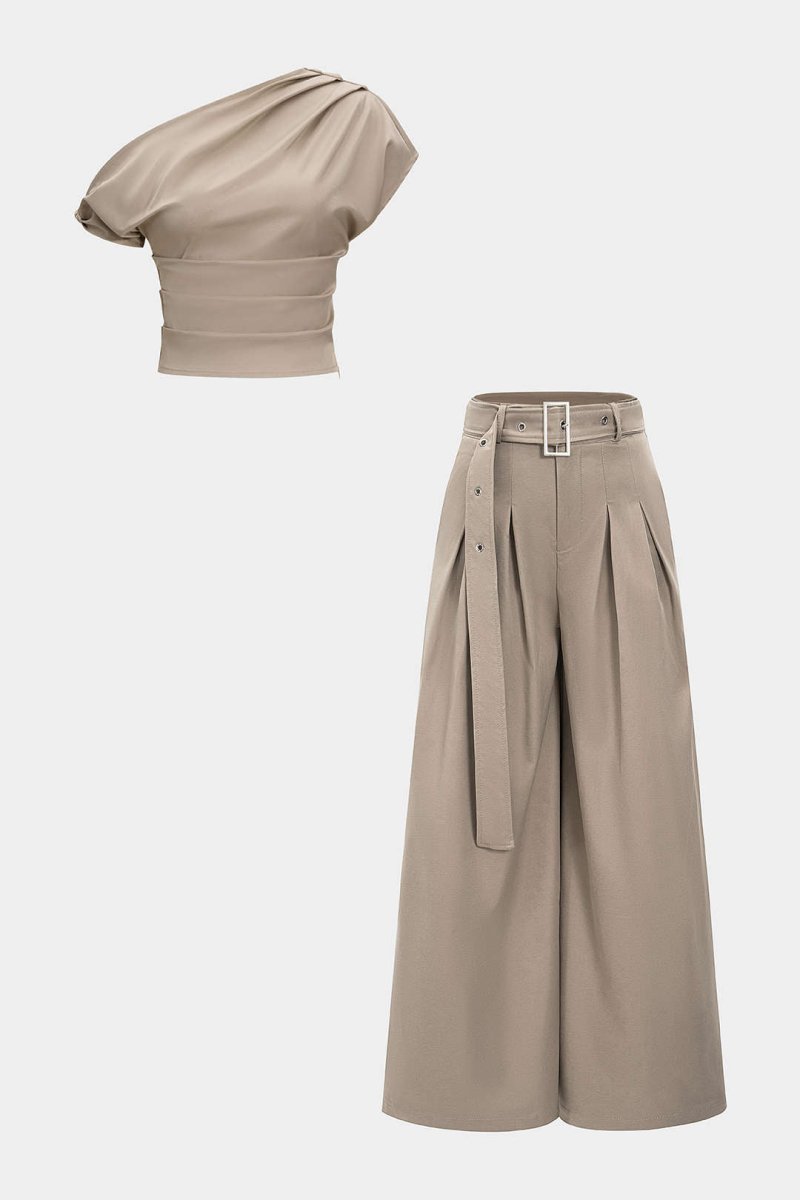 Ruched Asymmetrical Top And Belted Wide Leg Trousers Set - MISMIMCWSC2506060082-KHAKI-XS