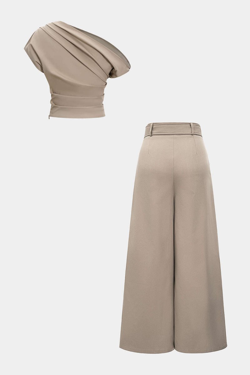 Ruched Asymmetrical Top And Belted Wide Leg Trousers Set - MISMIMCWSC2506060082-KHAKI-XS