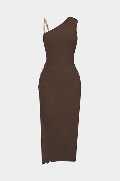 Ruched Asymmetrical Twist Knot Slit Sleeveless Maxi Dress - MISMIMCWDA2508140012-COFFEE-XS