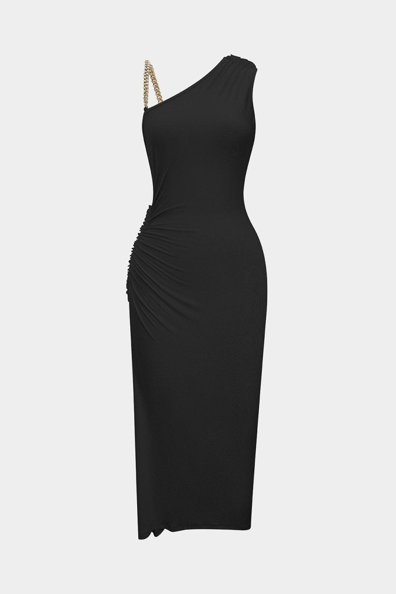 Ruched Asymmetrical Twist Knot Slit Sleeveless Maxi Dress - MISMIMCWDA2508140012-BLACK-XS