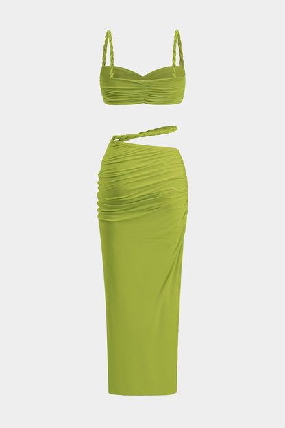Ruched Backless Cami Top And Cut Out Skirt Set - MISMIMCWSB2412230215-LIME-XXS