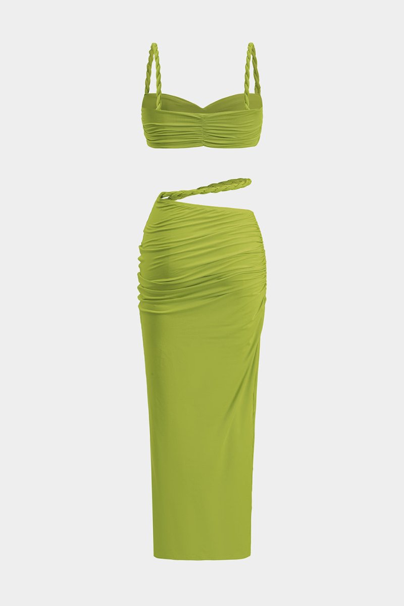 Ruched Backless Cami Top And Cut Out Skirt Set - MISMIMCWSB2412230215-LIME-XXS