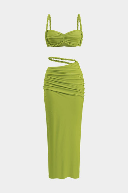 Ruched Backless Cami Top And Cut Out Skirt Set - MISMIMCWSB2412230215-LIME-XXS