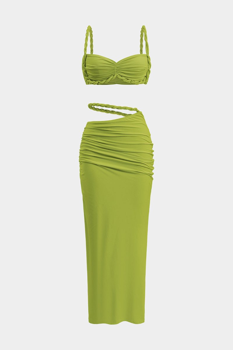 Ruched Backless Cami Top And Cut Out Skirt Set - MISMIMCWSB2412230215-LIME-XXS