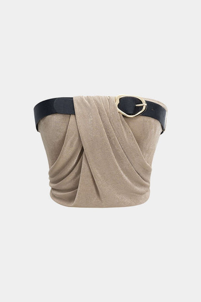 Ruched Belted Tube Top - MISMIMCWKM2506100056-KHAKI-XS