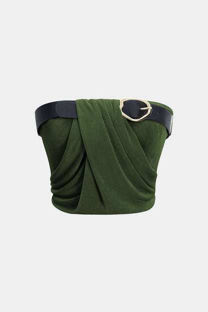 Ruched Belted Tube Top - MISMIMCWKM2506100056-GREEN-XS