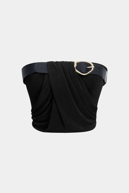 Ruched Belted Tube Top - MISMIMCWKM2506100056-BLACK-XS